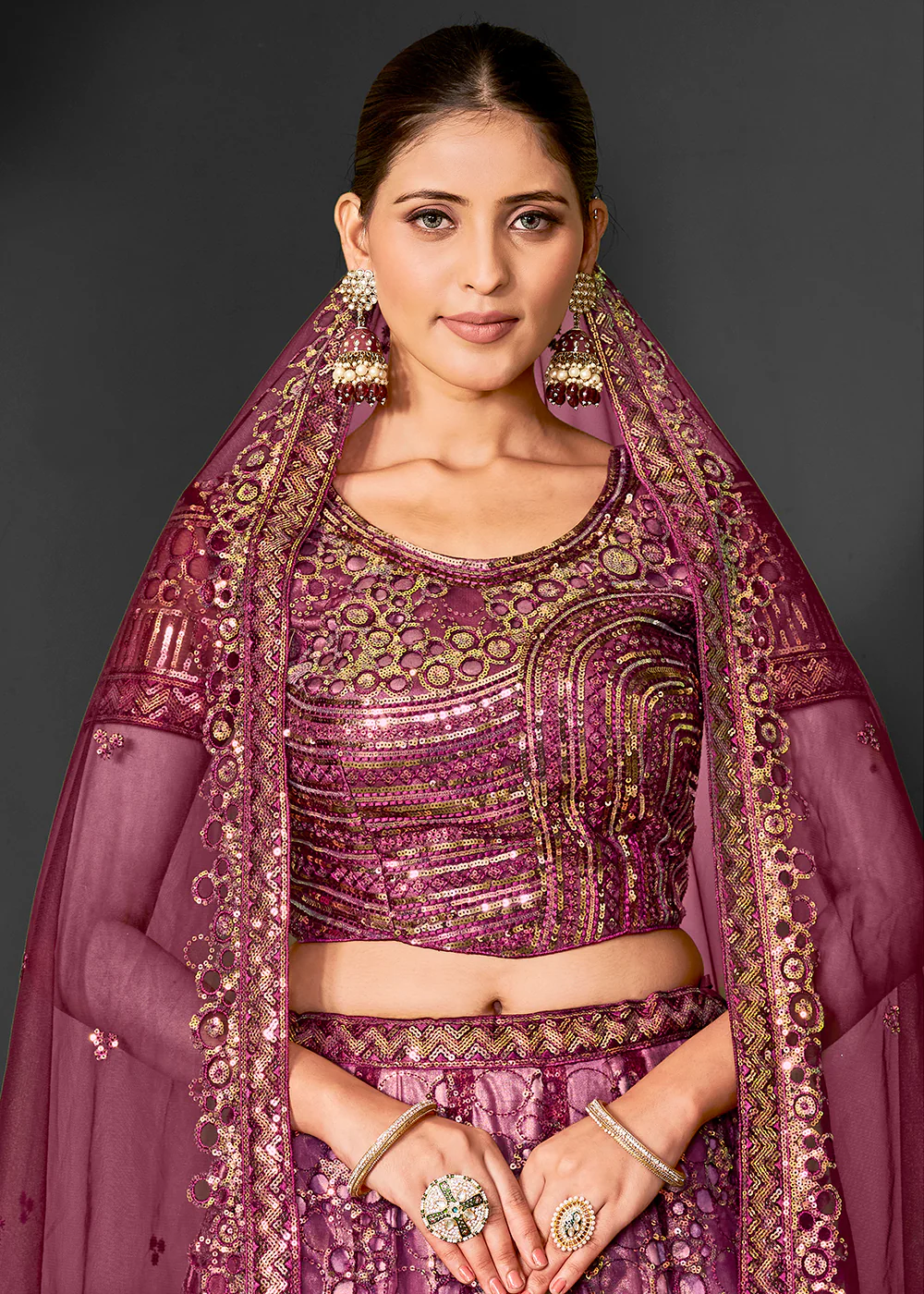 Pretty Wine Net Embroidered Bridal Party Lehenga Choli - Image 2