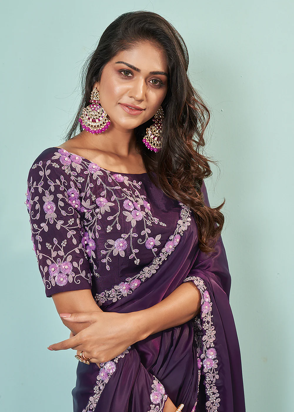 Pretty Wine Silk Crepe Embroidered Designer Saree - Image 2