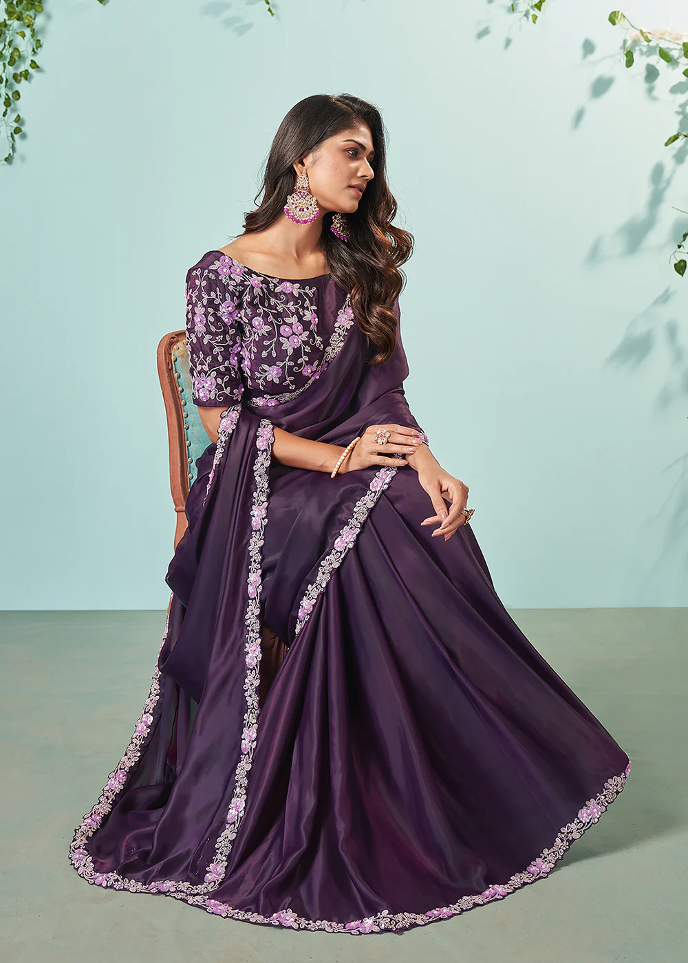 Pretty Wine Silk Crepe Embroidered Designer Saree - Image 3