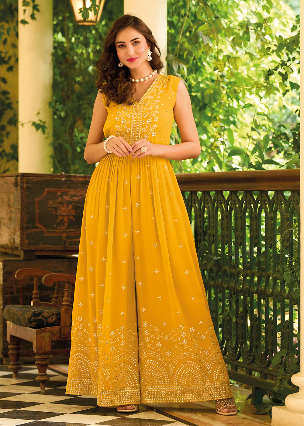 Pretty Yellow Indo-Western Embroidered Georgette Jumpsuit - Image 3