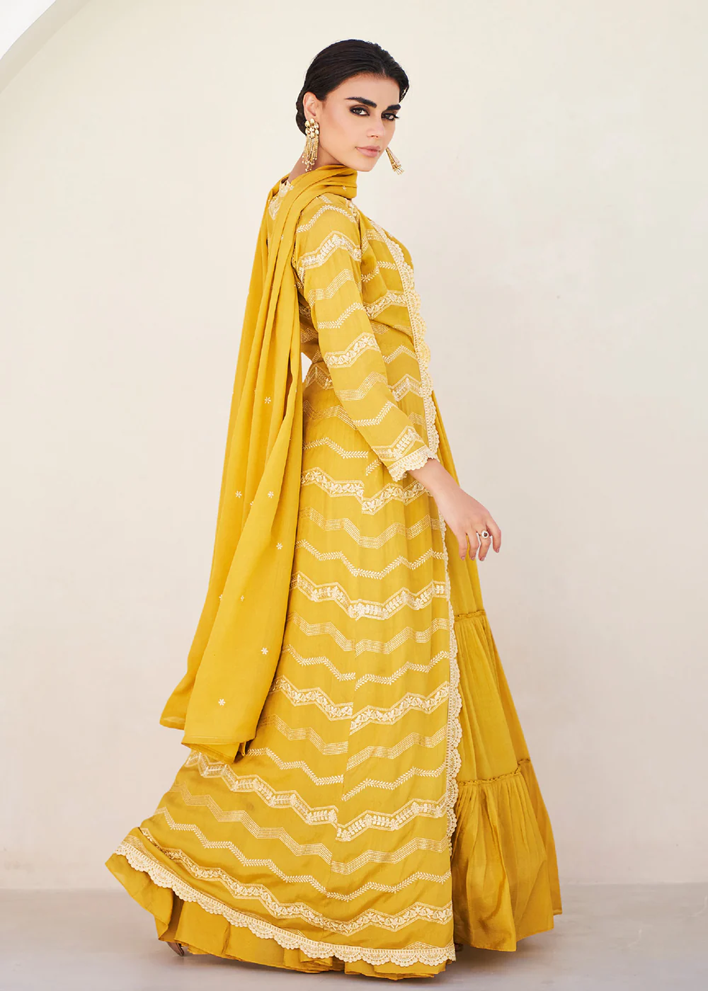 Pretty Yellow Koti Style Wedding Party Anarkali Gown - Image 3