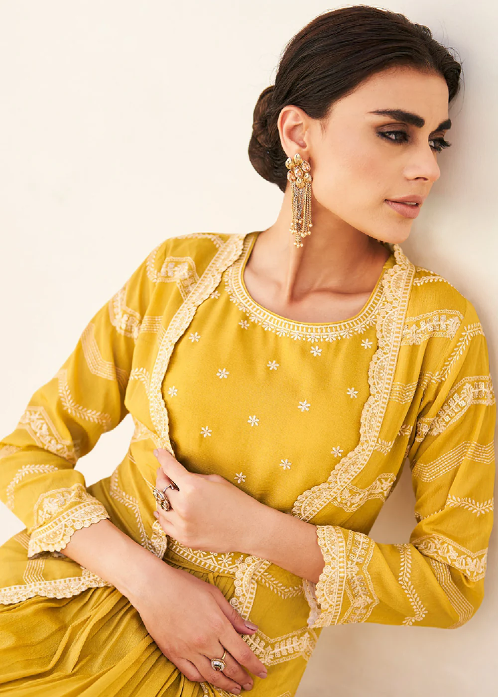 Pretty Yellow Koti Style Wedding Party Anarkali Gown - Image 4