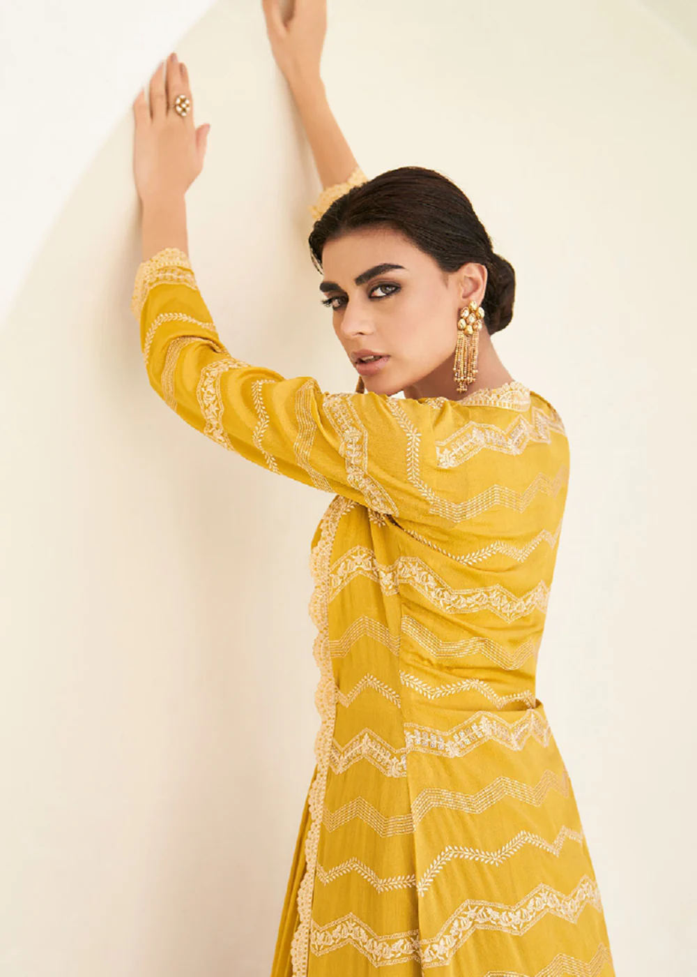 Pretty Yellow Koti Style Wedding Party Anarkali Gown - Image 5