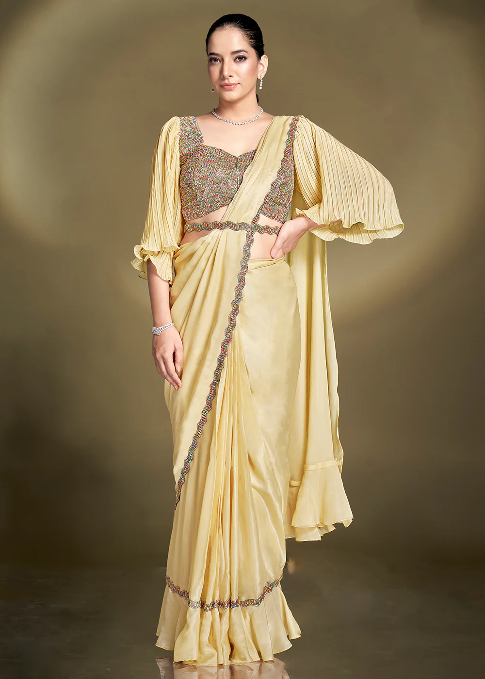 Pretty Yellow Satin Silk Embroidered Ready to Wear Saree