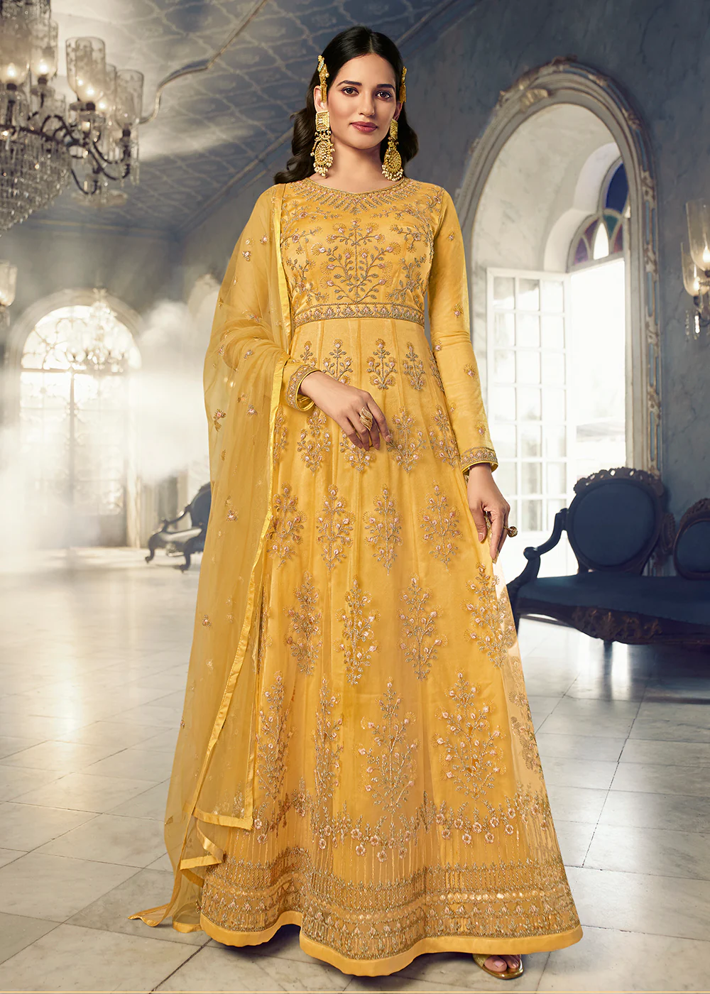 Pretty Yellow Wedding Party Net Designer Anarkali Suit