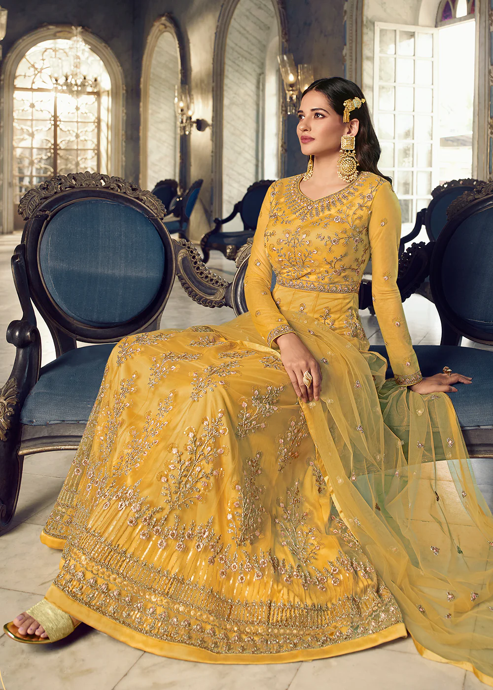 Pretty Yellow Wedding Party Net Designer Anarkali Suit - Image 4