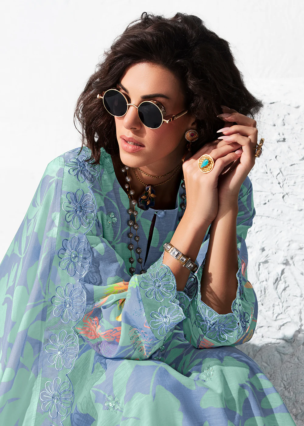 Printed Blue Muslin Festive Style Salwar Suit - Image 2
