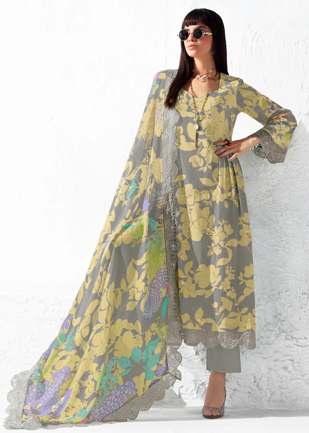 Printed Grey Muslin Festive Style Salwar Suit