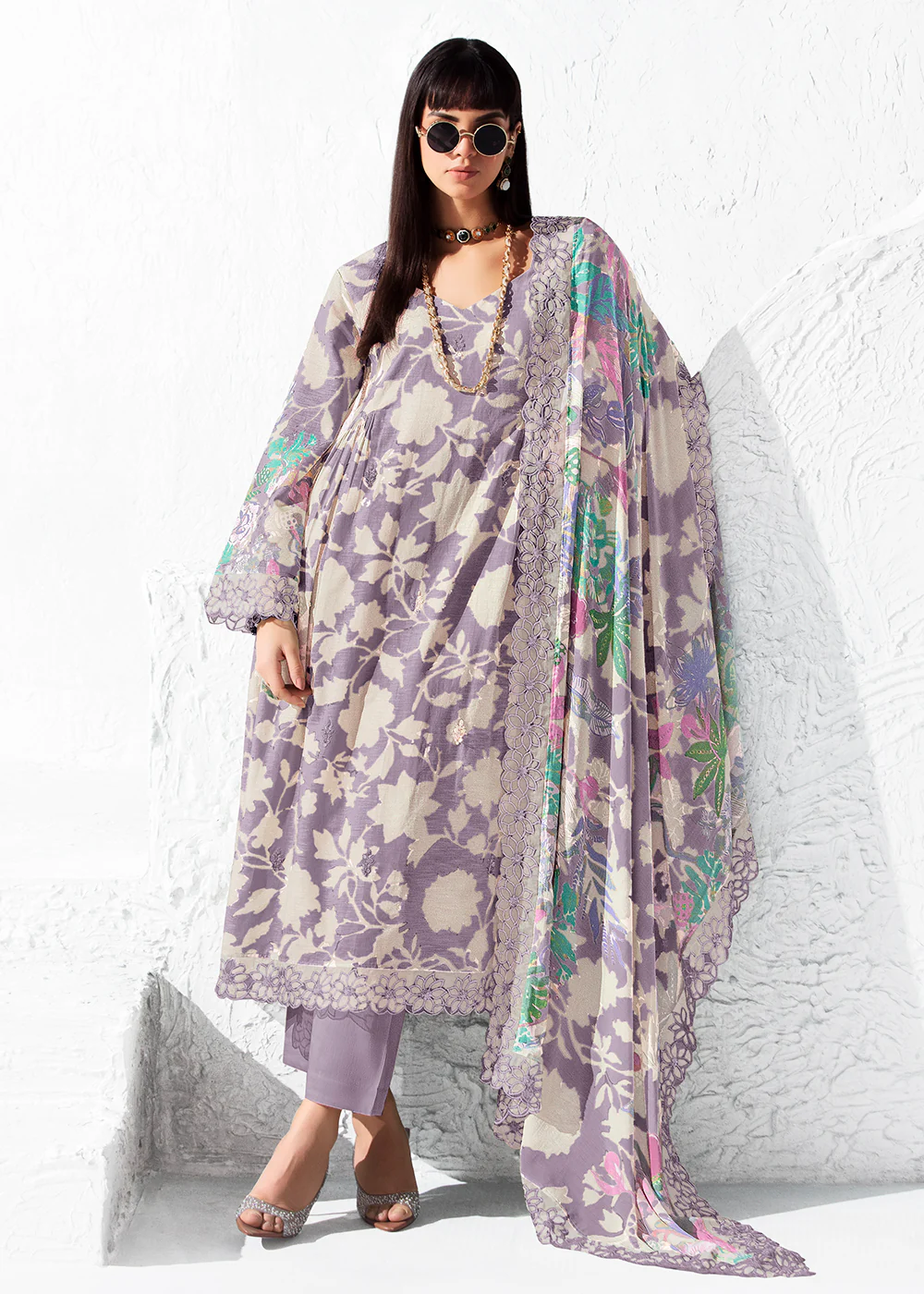 Printed Mauve Muslin Festive Style Salwar Suit