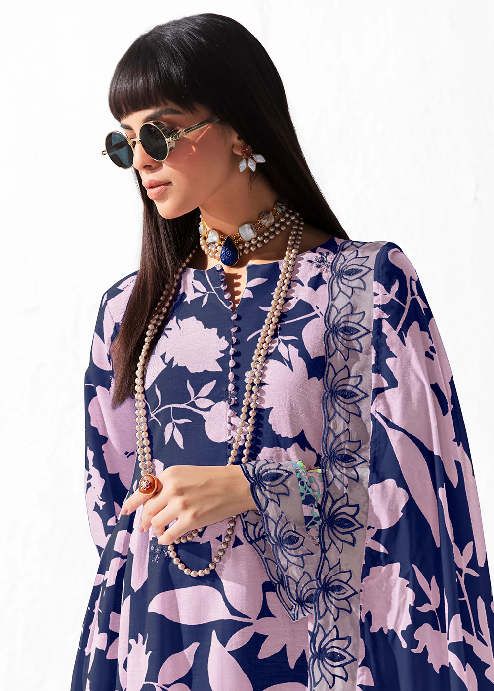 Printed Navy Muslin Festive Style Salwar Suit - Image 2
