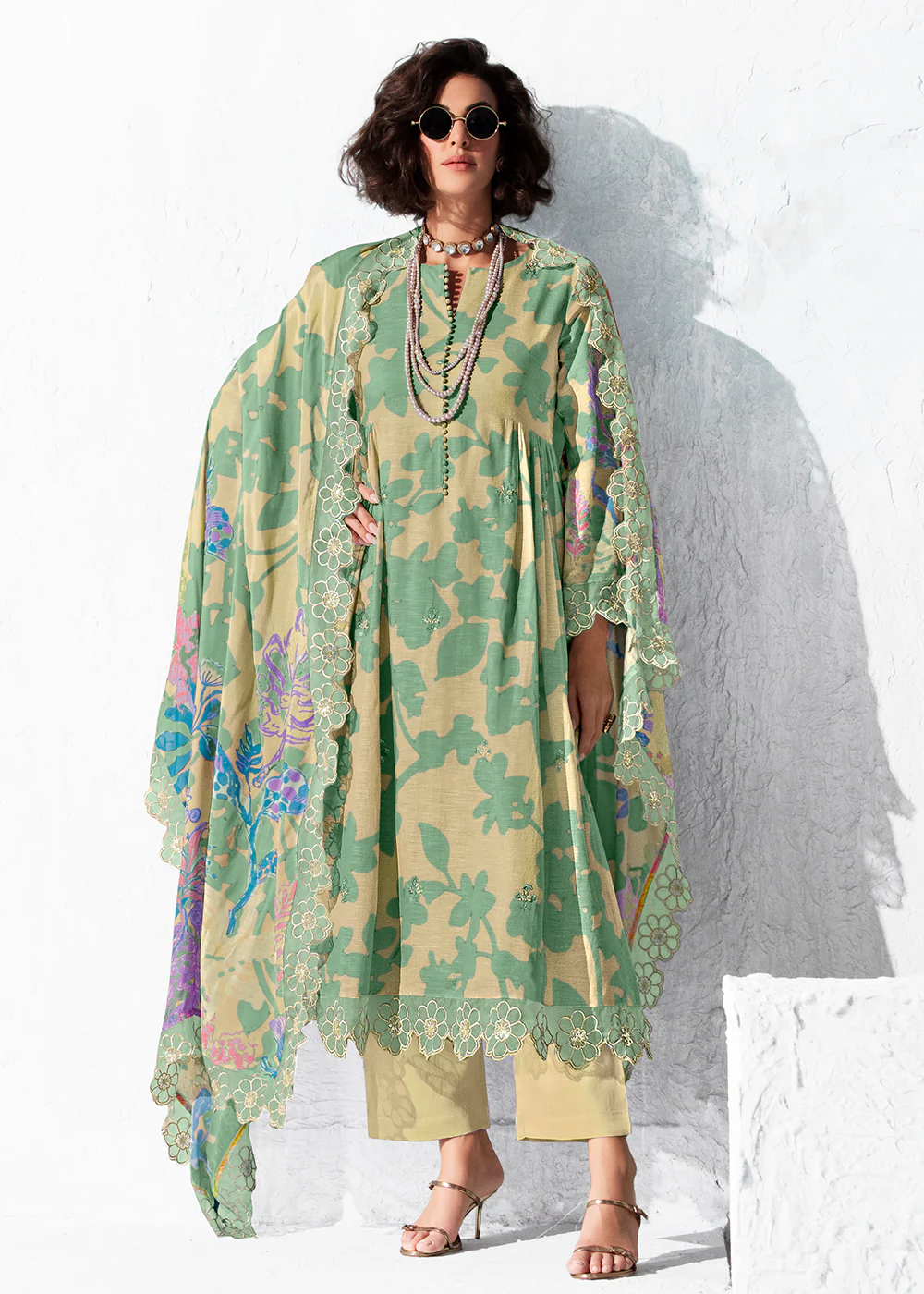 Printed Yellow Muslin Festive Style Salwar Suit