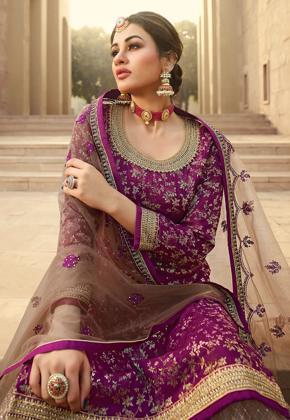 Pristine Wine Jacquard Silk Embroidered Palazzo Suit - Image 2