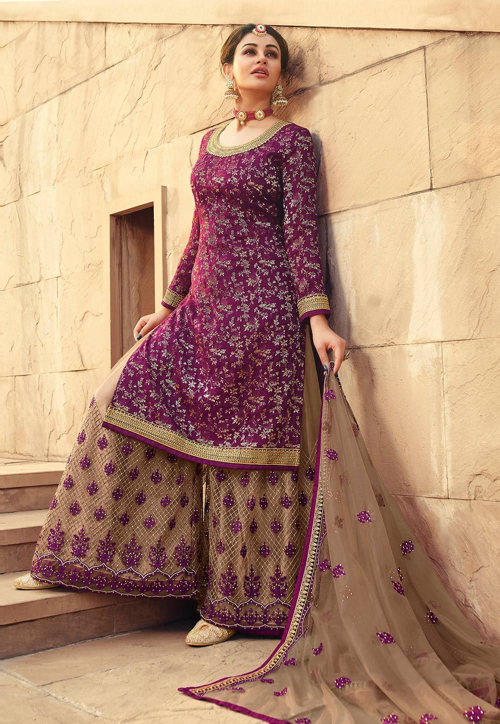 Pristine Wine Jacquard Silk Embroidered Palazzo Suit - Image 3
