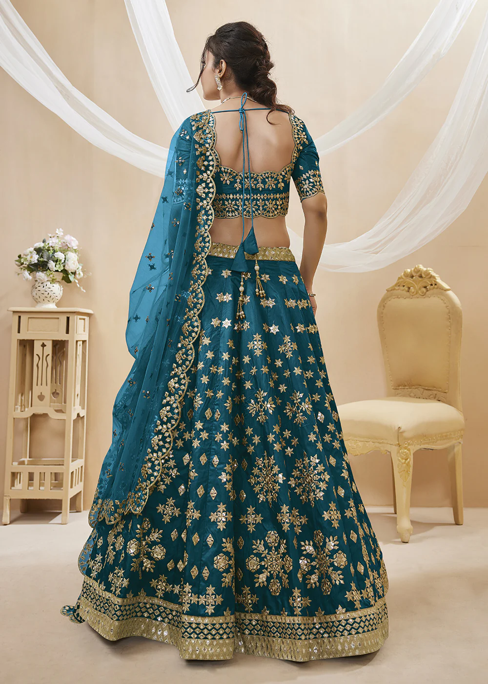 Prussian Blue Art Silk Embroidered Reception Wear Lehenga Choli - Image 2