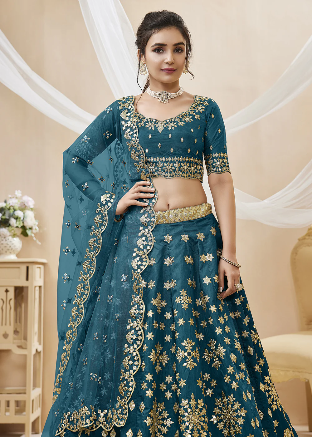 Prussian Blue Art Silk Embroidered Reception Wear Lehenga Choli - Image 3