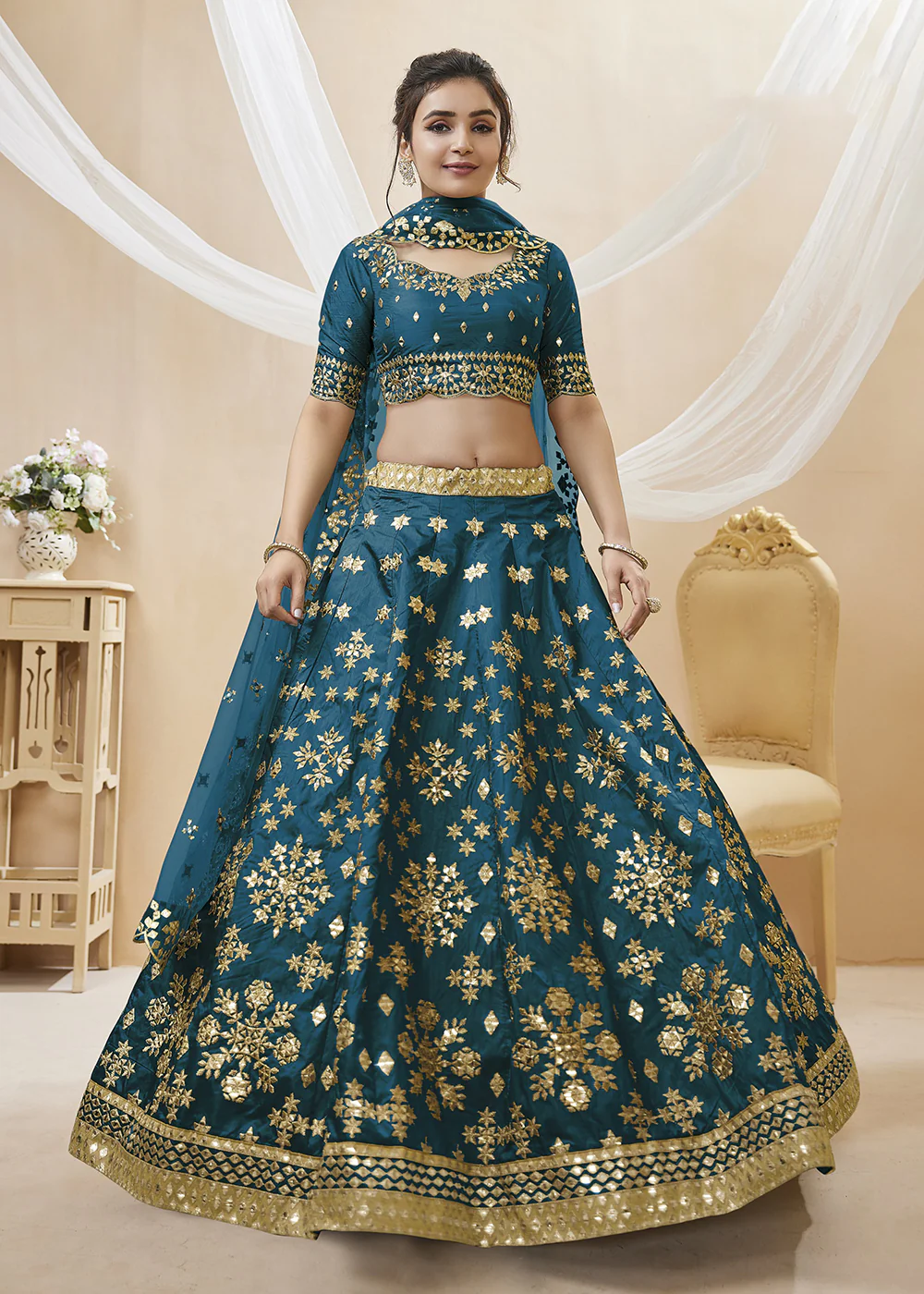 Prussian Blue Art Silk Embroidered Reception Wear Lehenga Choli - Image 4