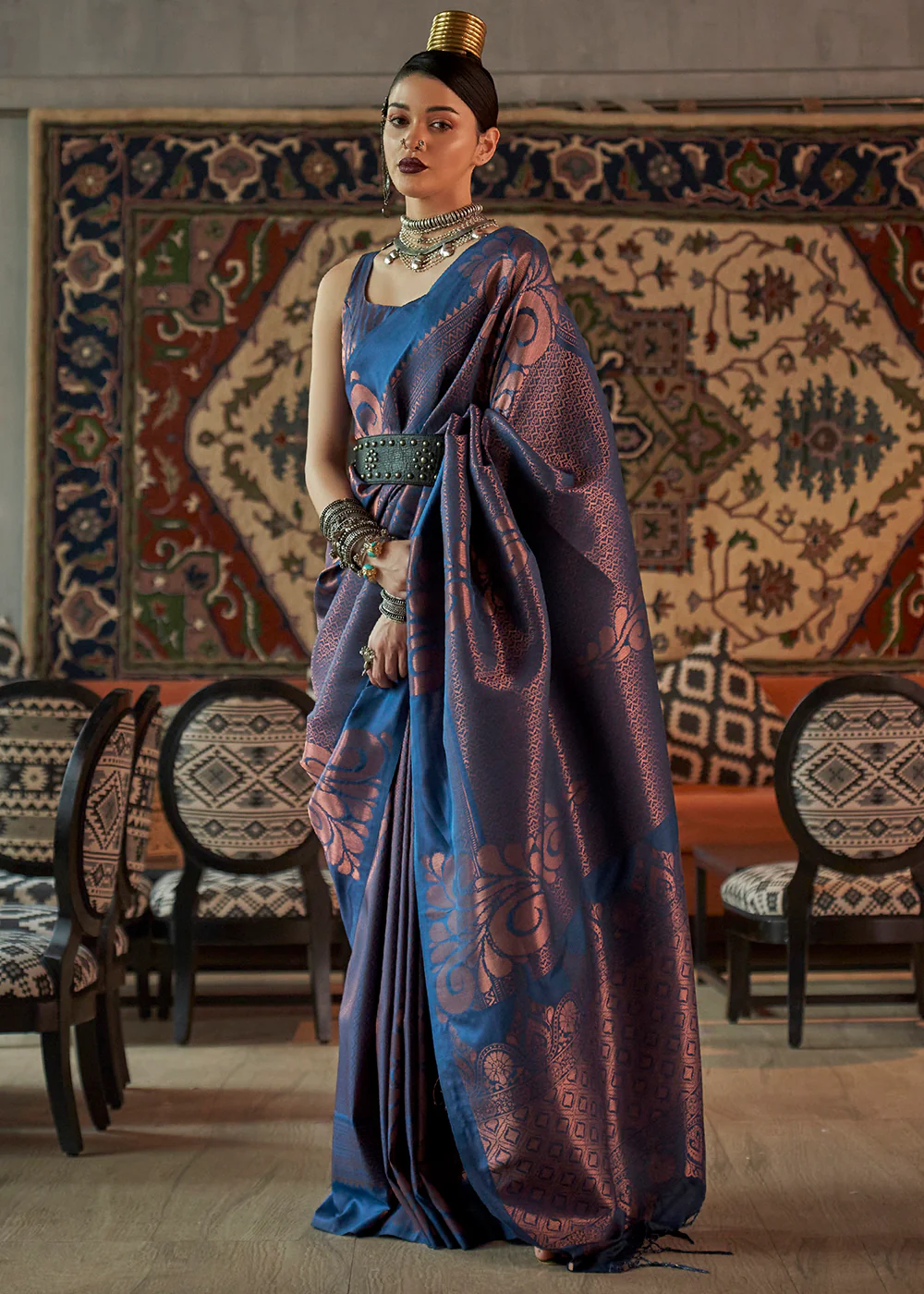 Prussian Blue Blended Woven Zari Brocade Silk Saree