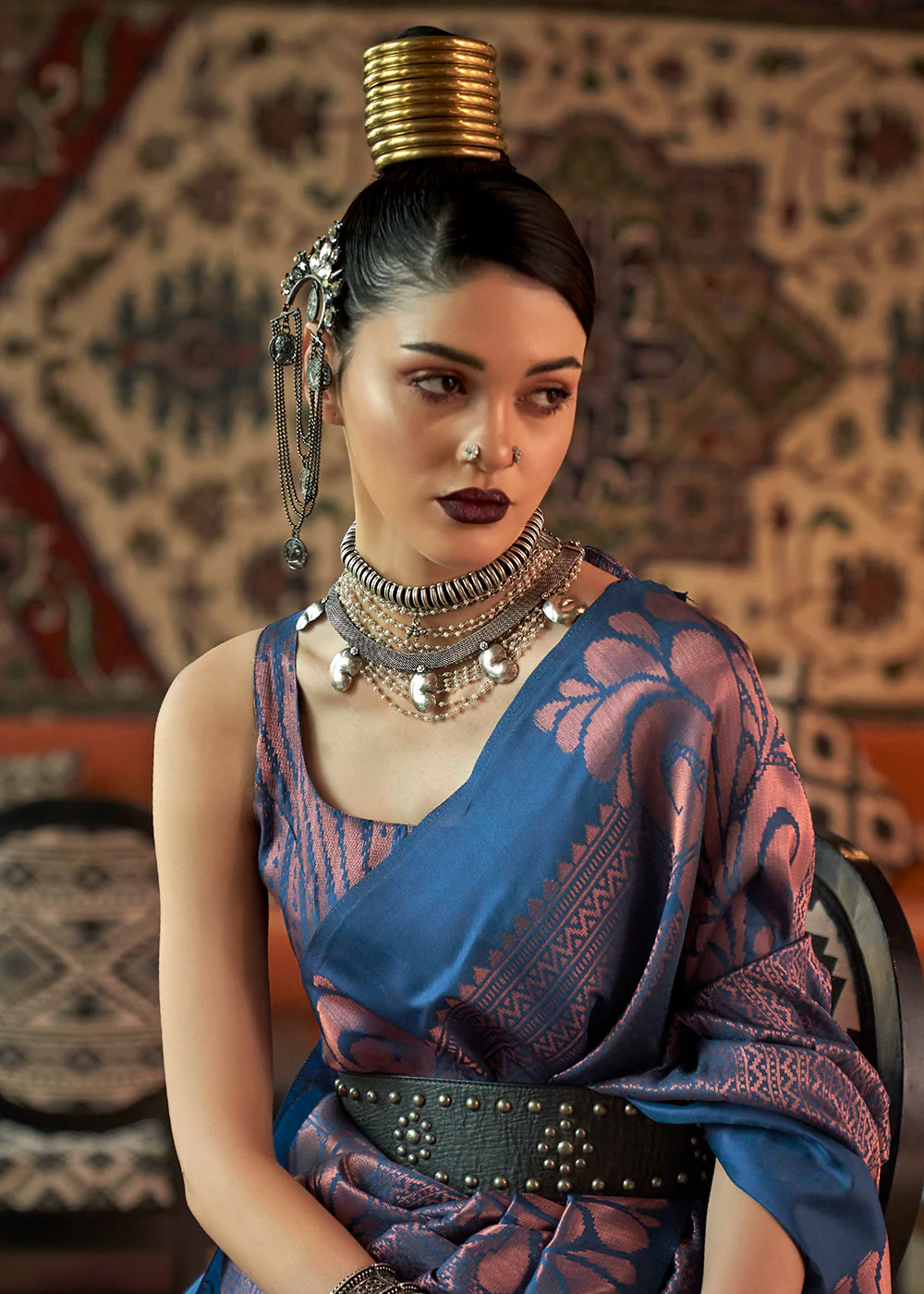 Prussian Blue Blended Woven Zari Brocade Silk Saree - Image 2