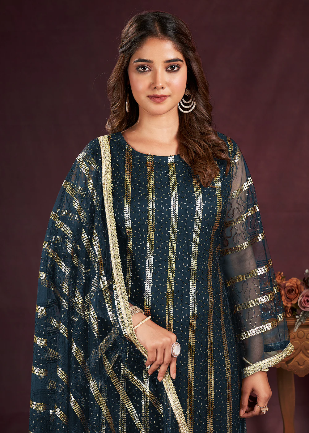 Prussian Blue Butterfly Net Embroidered Festive Salwar Suit - Image 2