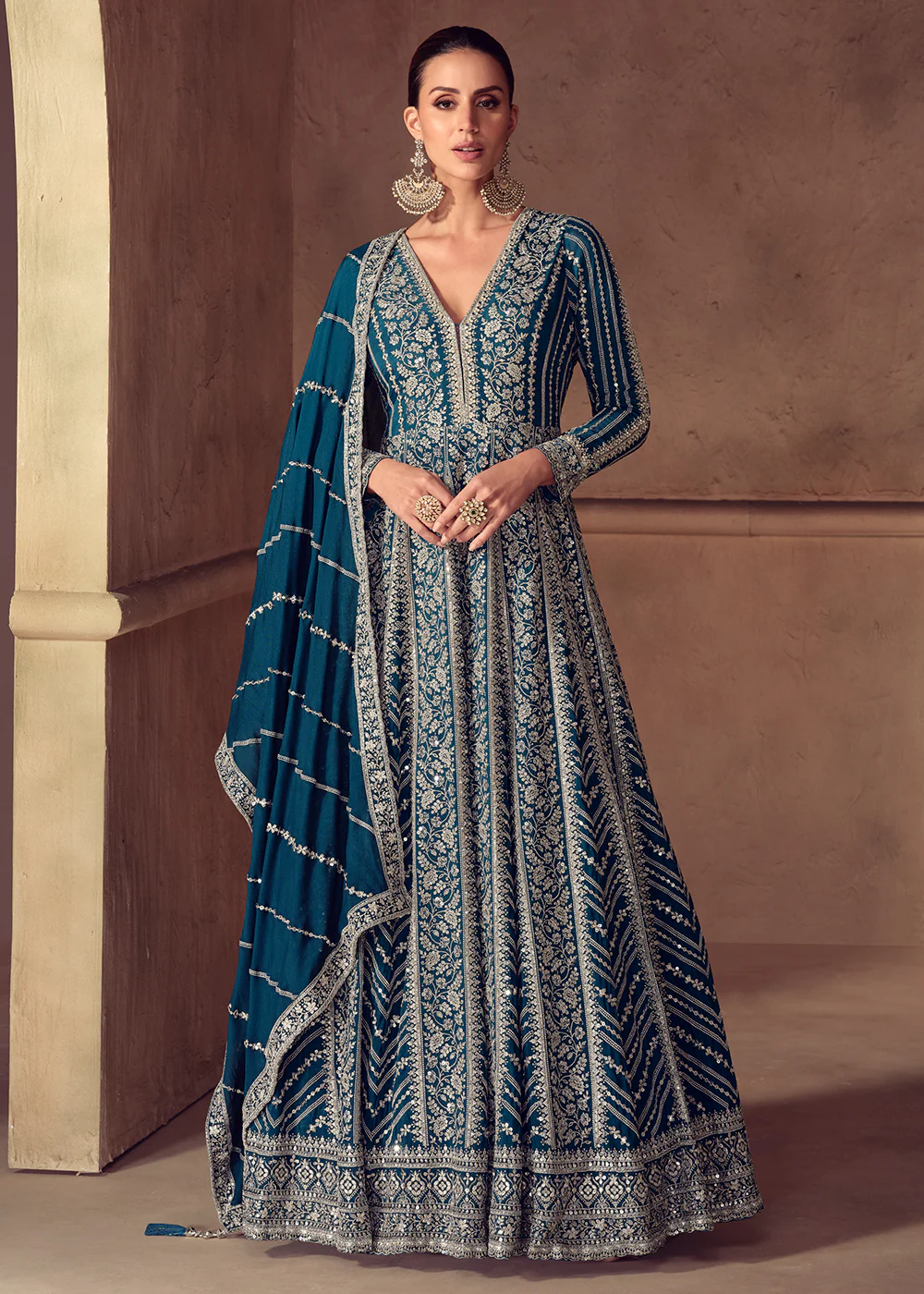 Prussian Blue Chinnon Wedding Style Anarkali Gown
