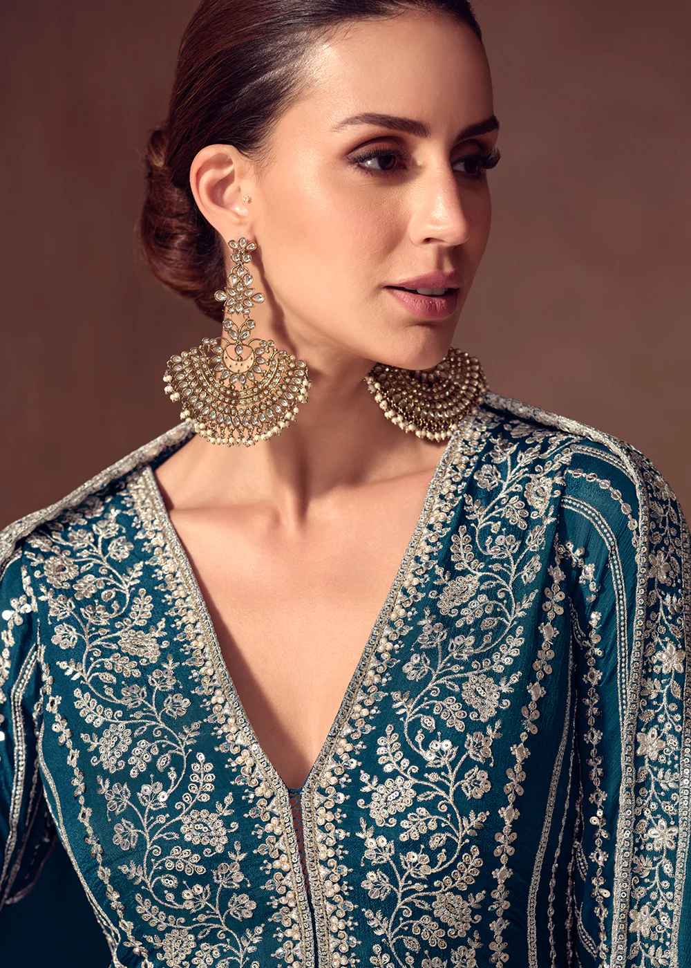 Prussian Blue Chinnon Wedding Style Anarkali Gown - Image 2