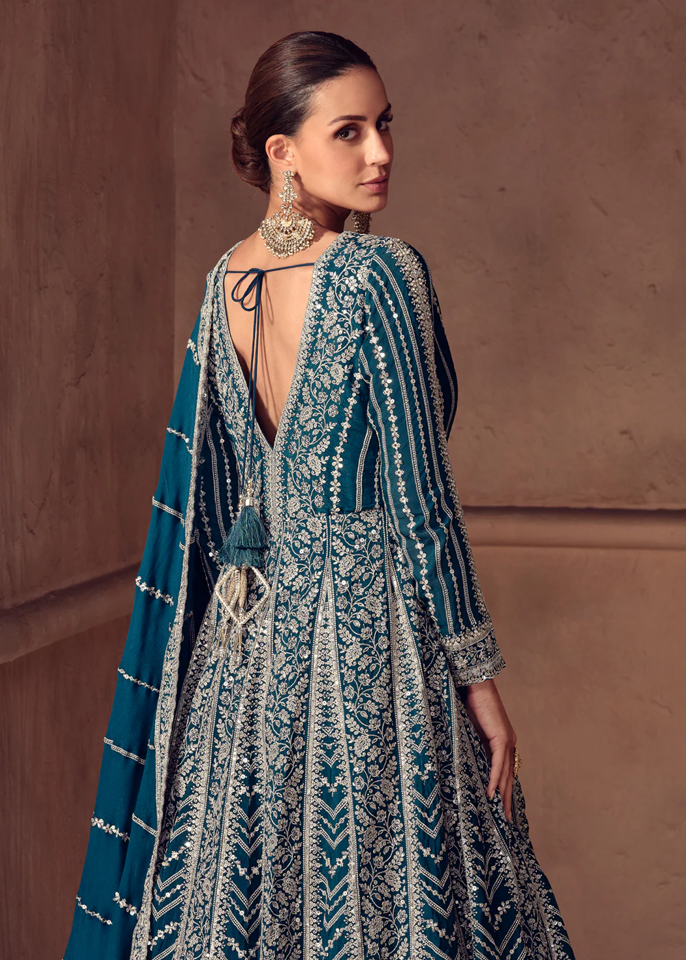 Prussian Blue Chinnon Wedding Style Anarkali Gown - Image 3