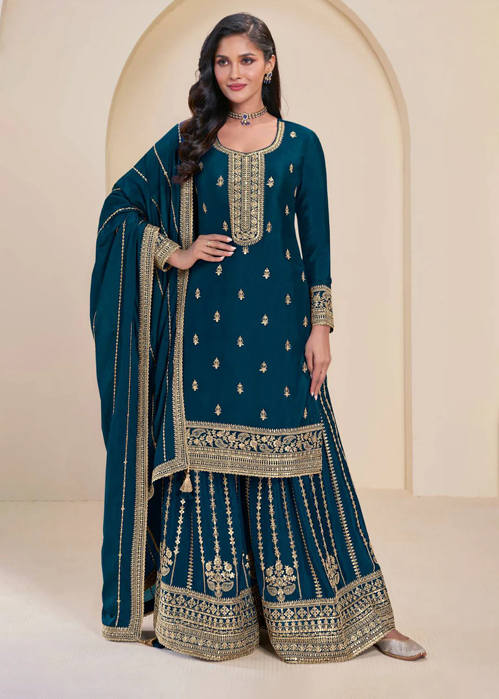 Prussian Blue Embroidered Chinnon Sharara Style Suit