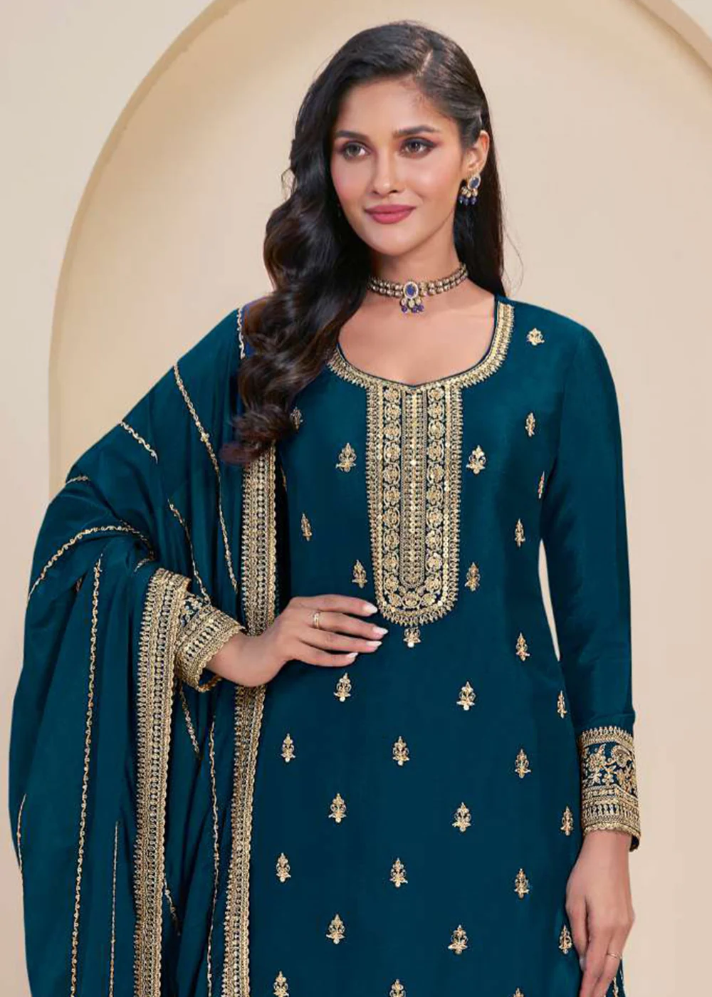 Prussian Blue Embroidered Chinnon Sharara Style Suit - Image 2