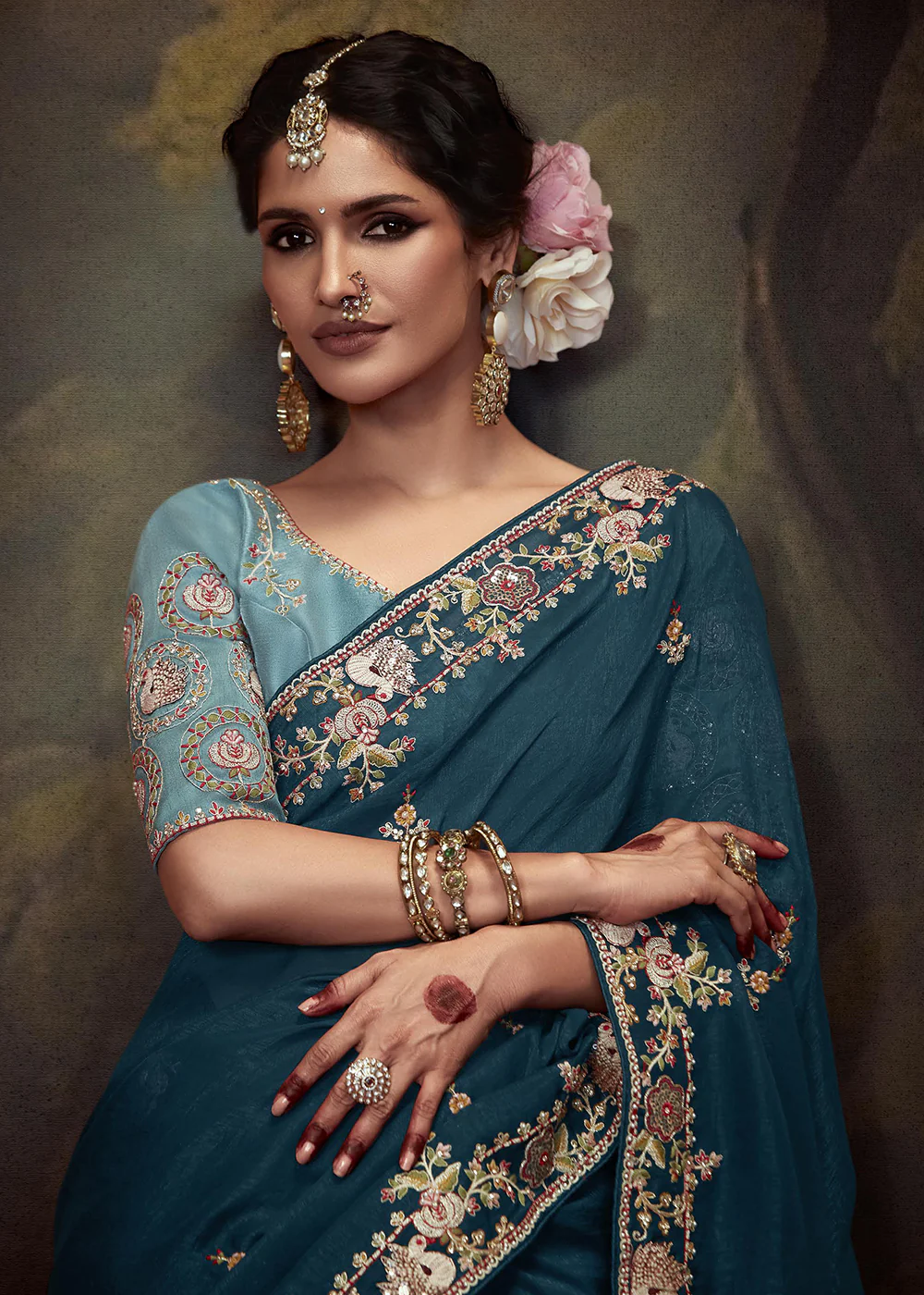 Prussian Blue Fancy Fabric Embroidered Festive Saree - Image 2