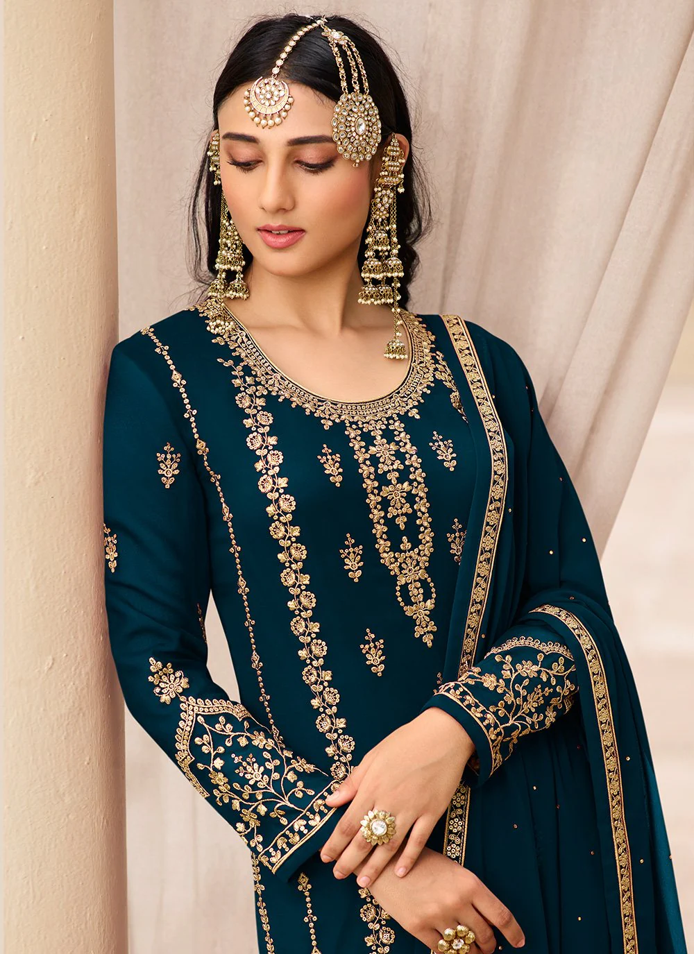 Prussian Blue & Gold Embroidered Sequins Sharara Suit - Image 2
