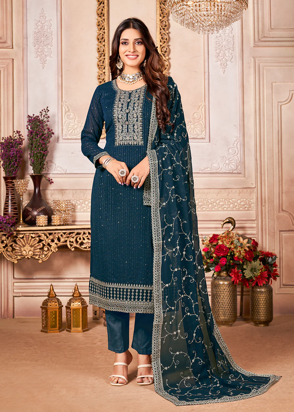 Prussian Blue Indian Georgette Ceremonial Salwar Suit