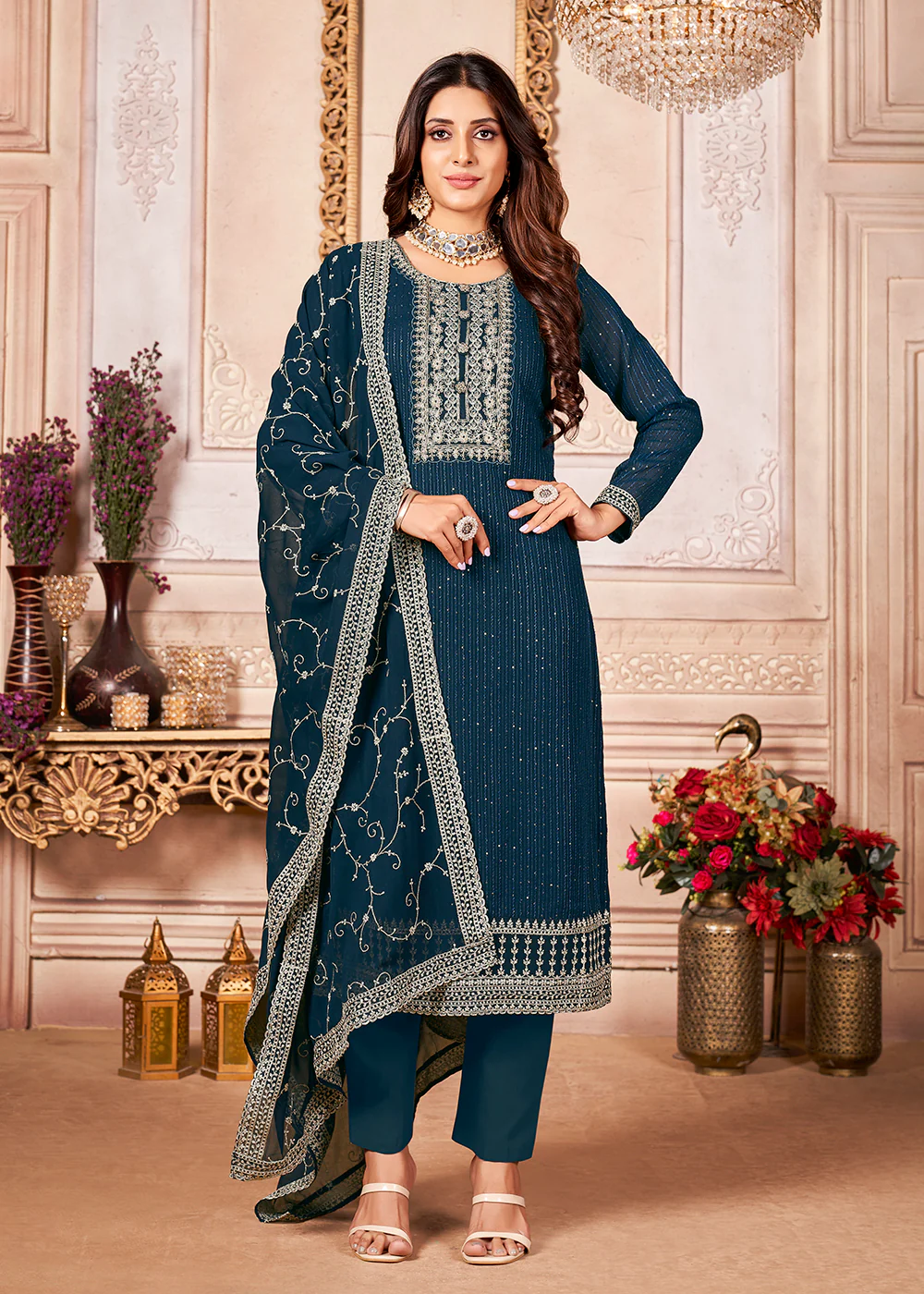 Prussian Blue Indian Georgette Ceremonial Salwar Suit - Image 3