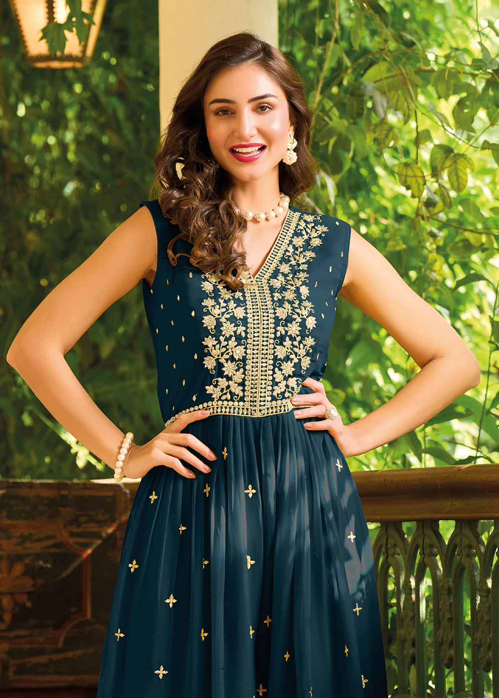Prussian Blue Indo-Western Embroidered Georgette Jumpsuit - Image 2