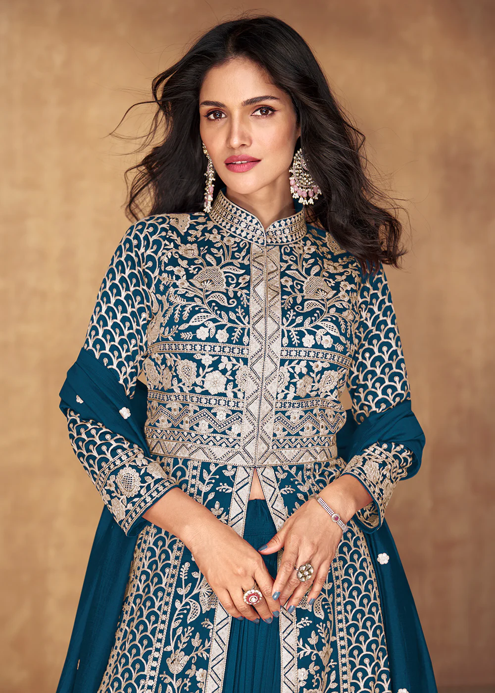 Prussian Blue Slit Style Embroidered Lehenga Anarkali Suit - Image 2