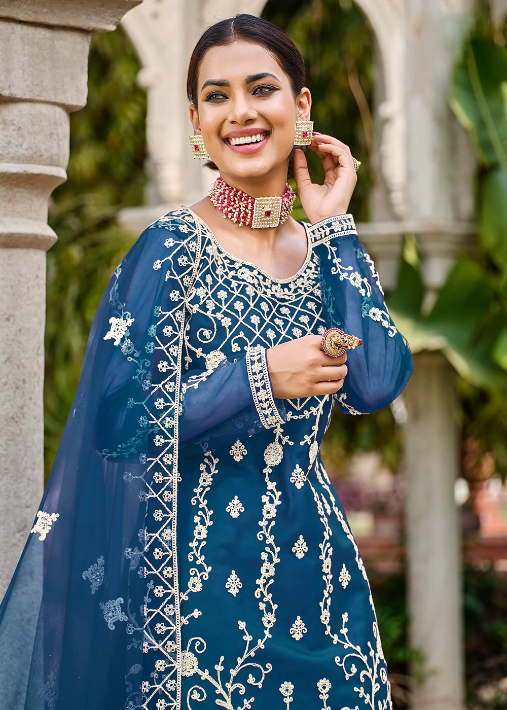 Prussian Blue Stone & Cording Work Festive Palazzo Suit - Image 2