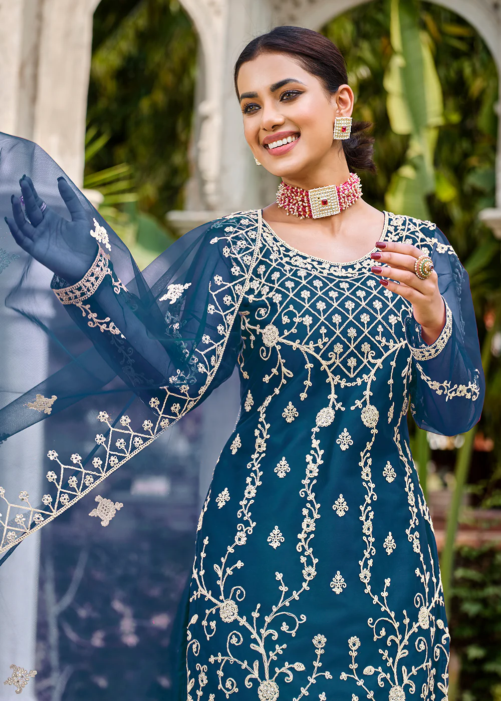 Prussian Blue Stone & Cording Work Festive Palazzo Suit - Image 3