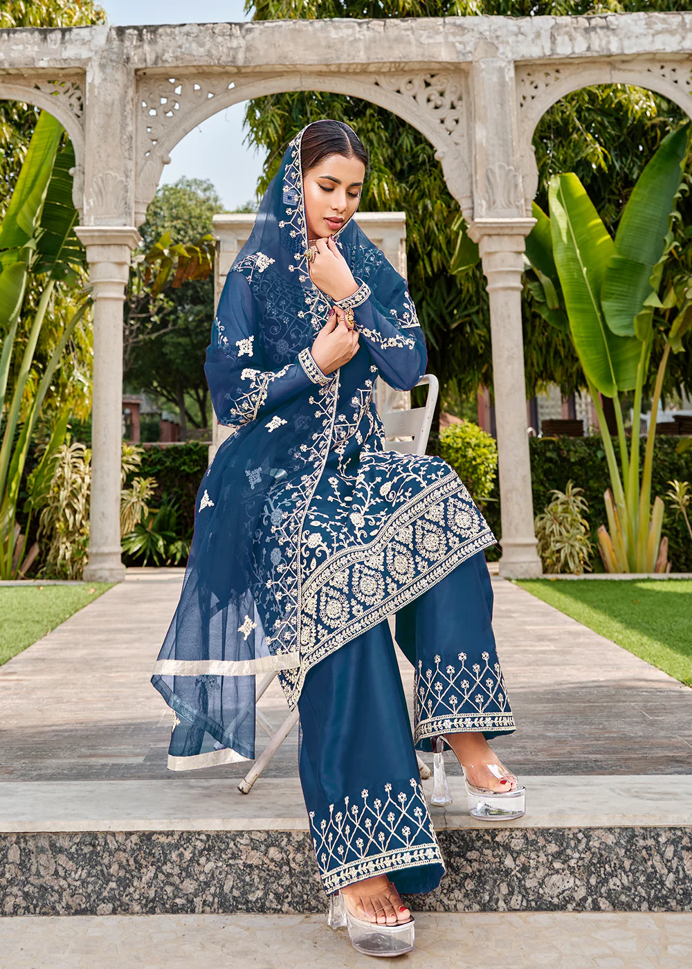Prussian Blue Stone & Cording Work Festive Palazzo Suit - Image 4