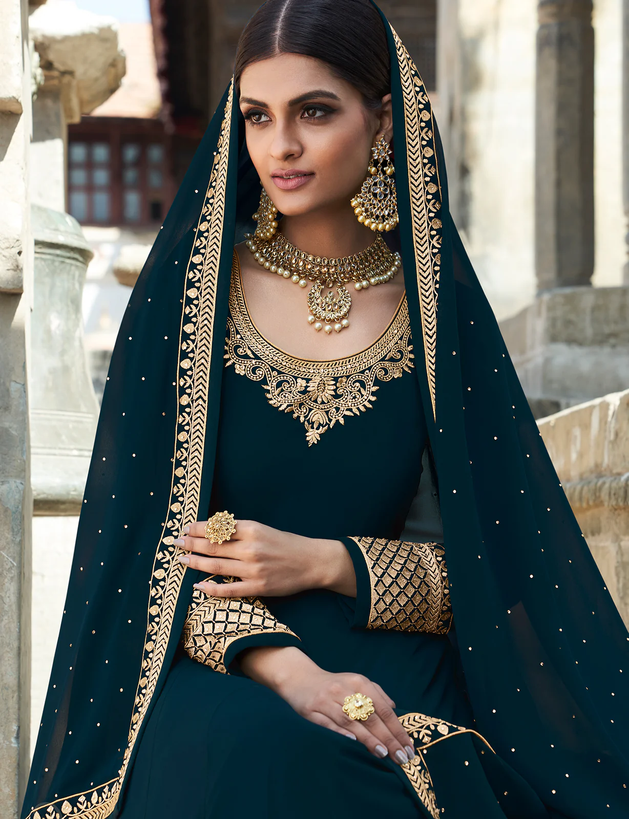 Prussian Blue Stone Embellished Floor Length Anarkali Suit - Image 2