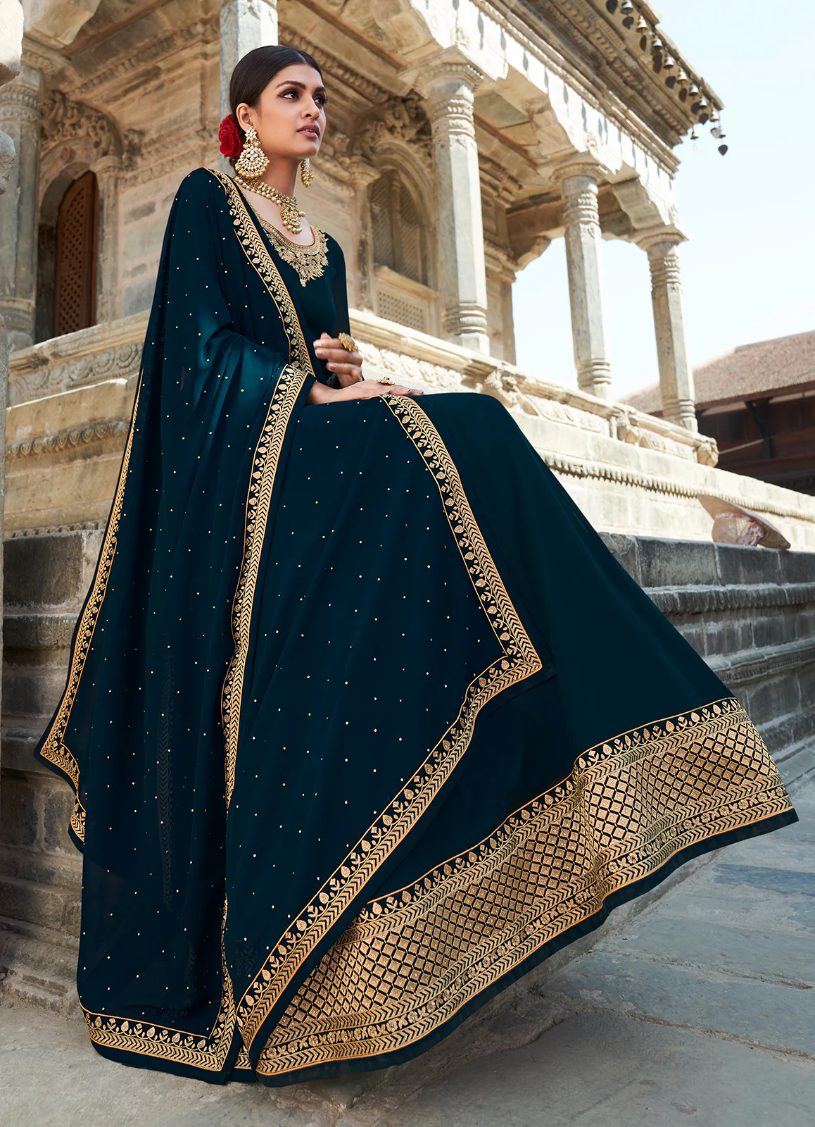 Prussian Blue Stone Embellished Floor Length Anarkali Suit - Image 3