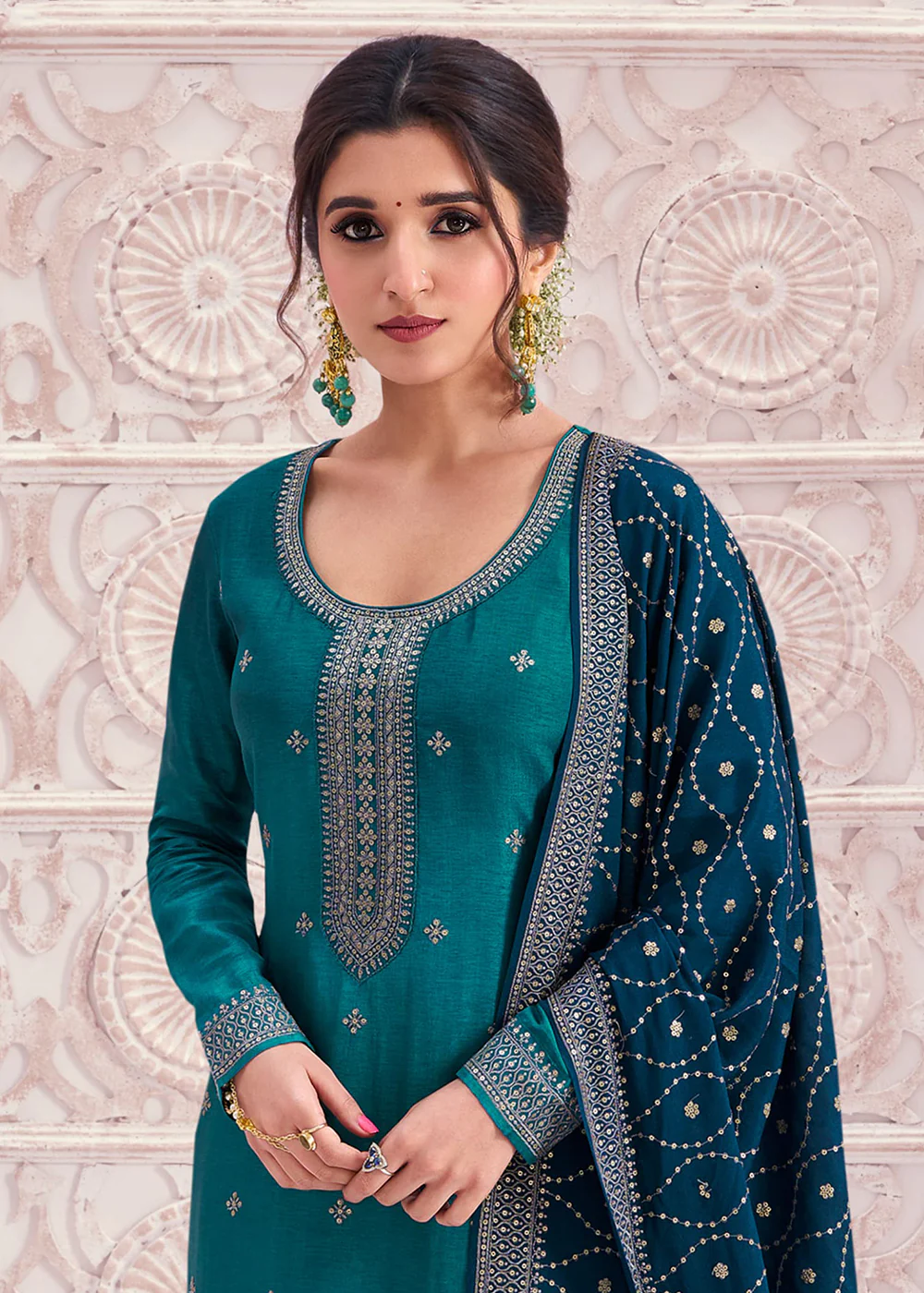 Prussian Blue Thread Embroidered Silk Salwar Suit - Image 2