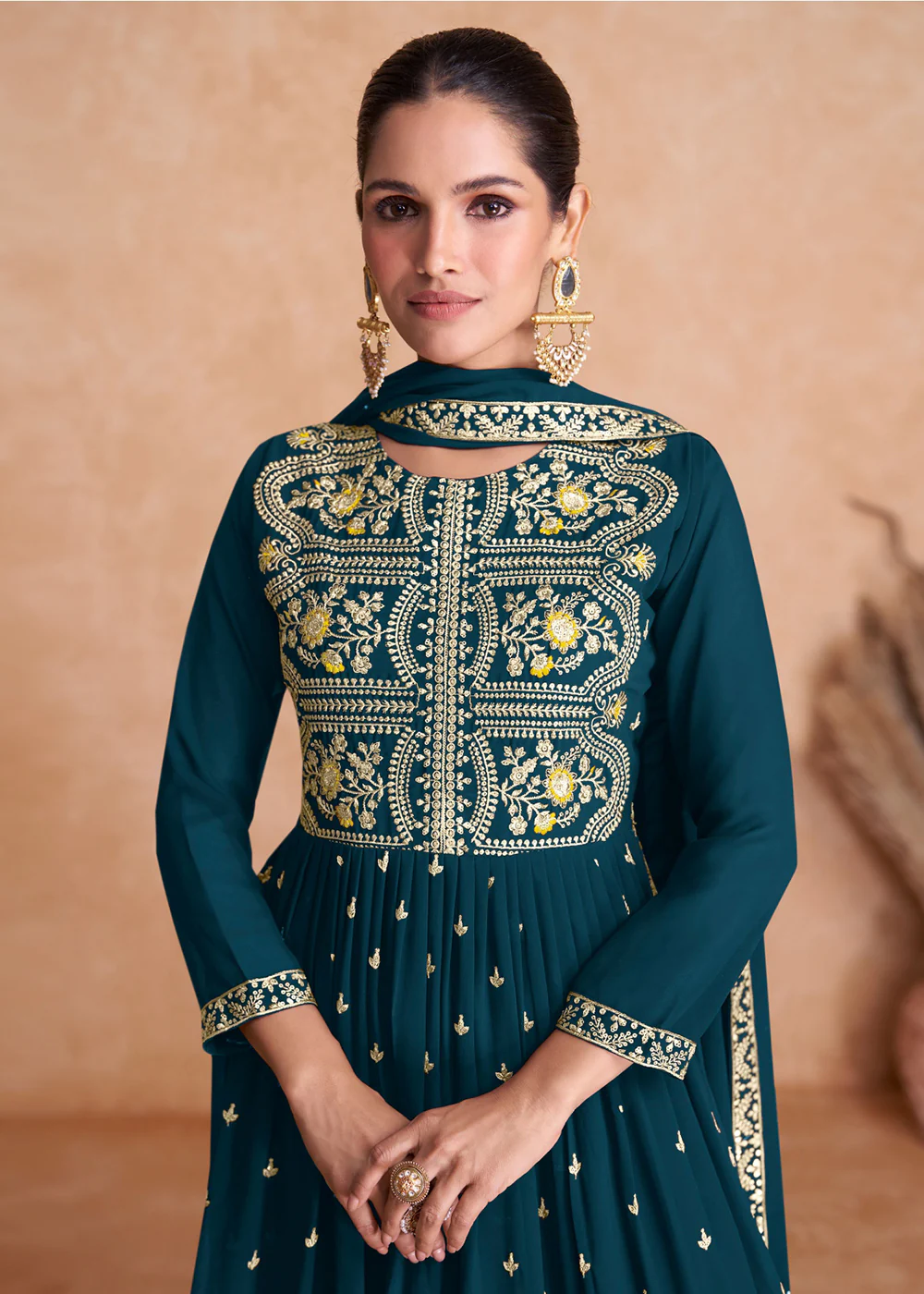 Prussian Blue Wedding Embroidered Multicolor Palazzo Suit - Image 2