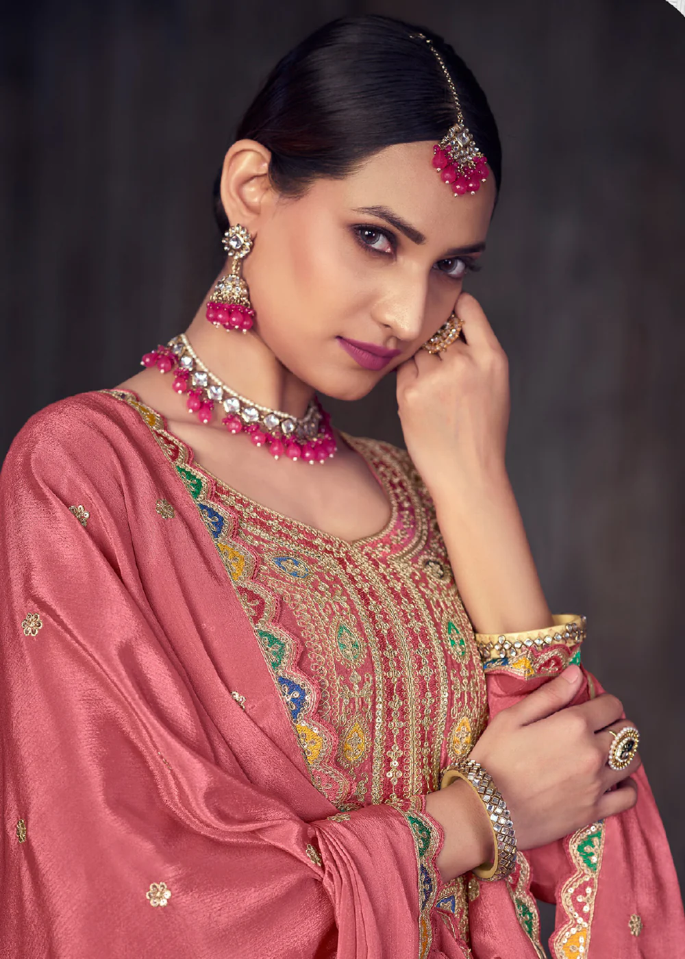 Puce Pink Heavy Chinnon Embroidered Lehenga Kurta Suit - Image 2