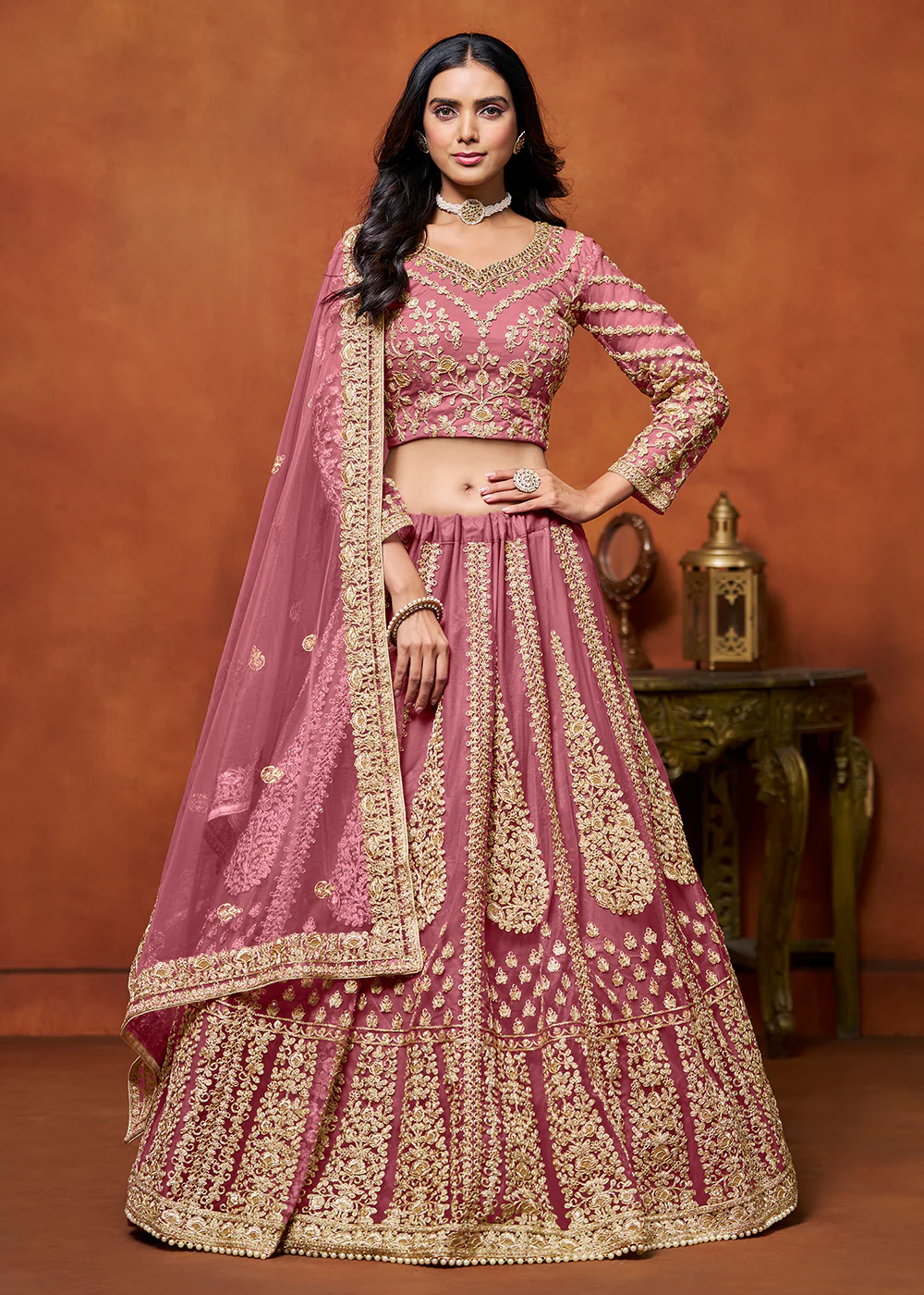 Puce Pink Net Embroidered Festive Lehenga Choli