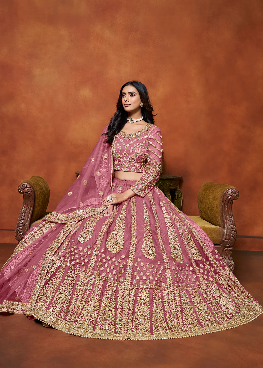 Puce Pink Net Embroidered Festive Lehenga Choli - Image 4