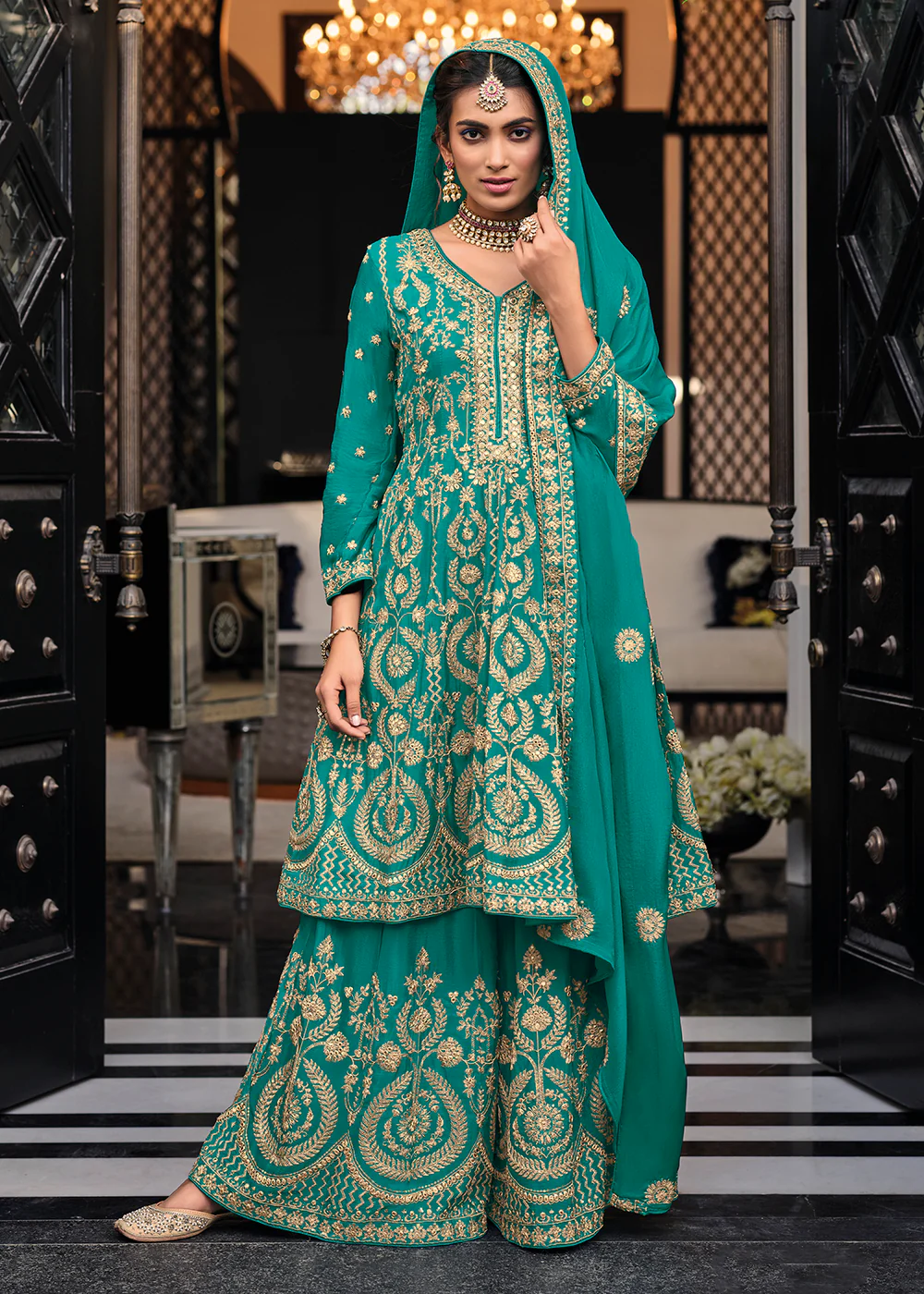 Punjabi Style Admirable Teal Wedding Palazzo Suit