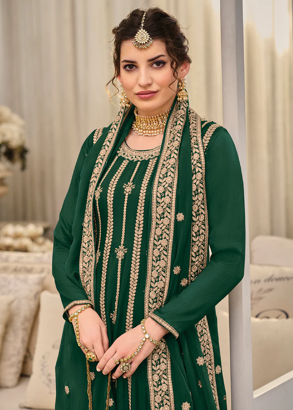 Punjabi Style Enthralling Green Wedding Palazzo Suit - Image 2