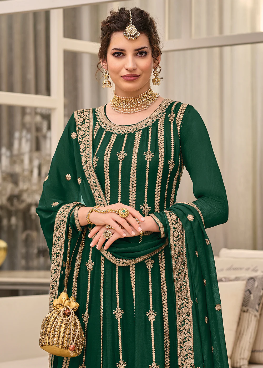 Punjabi Style Enthralling Green Wedding Palazzo Suit - Image 3