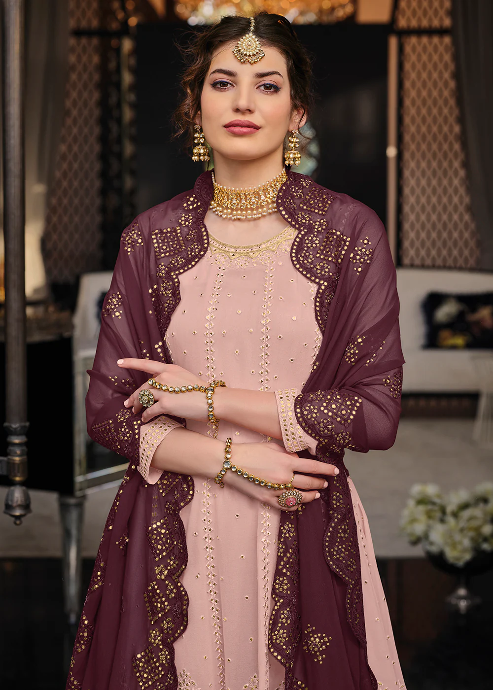 Punjabi Style Intricate Pink Wedding Palazzo Suit - Image 2