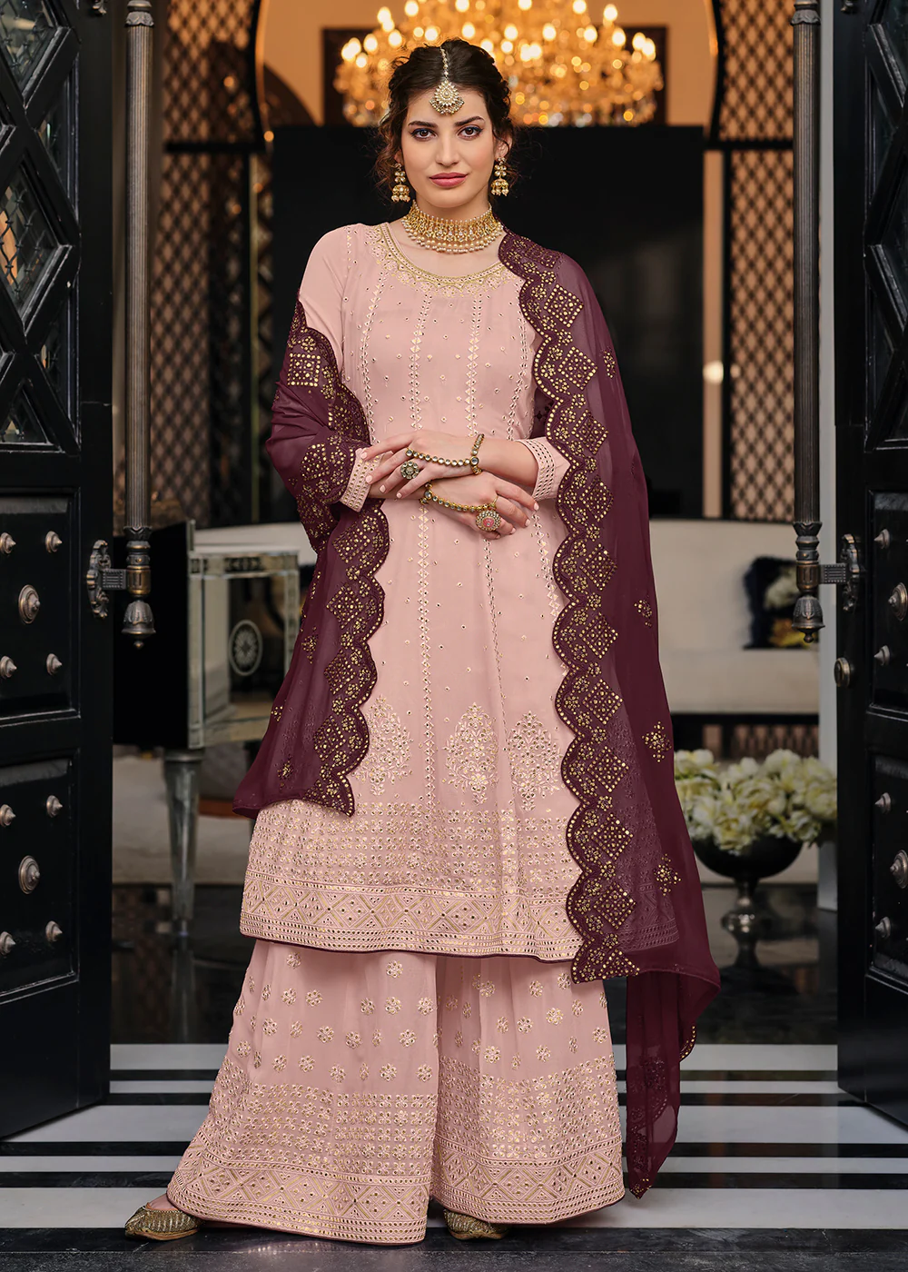 Punjabi Style Intricate Pink Wedding Palazzo Suit - Image 3