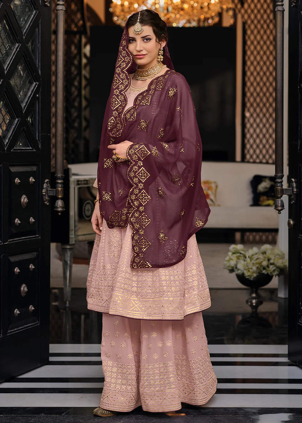 Punjabi Style Intricate Pink Wedding Palazzo Suit - Image 4
